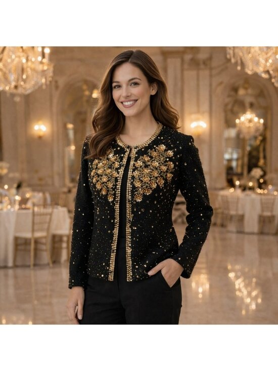 no brand Sweaters - Vintage Black Cardigan Beaded With Gold Floral Embellishments & Sequins 48